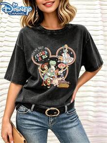 Toy Story Head Print Pattern Woody Buzz Character Cartoon Design Vintage Distressed Black T-Shirt Women's Casual Top - 黑色 - 查看 3