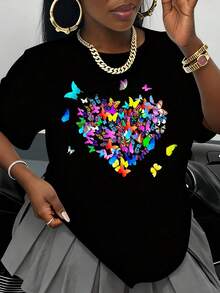 Camiseta Blanca con Diseño de Corazón y Mariposas Coloridas para Mujer, Top Casual de Moda, Camiseta Gráfica de Verano para Uso Diario y Ocasiones Especiales, Idea de Regalo de Cumpleaños - Negro - Ver 1