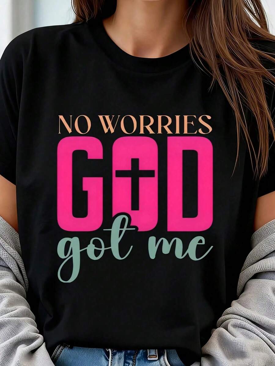 Camiseta de Mujer Talla Grande God Got Me Faith, 1 Pieza, Estampado Gráfico, Manga Corta, 220g, Novedosa, 100% Poliéster, Cuello Redondo Casual - Negro - Ver 1