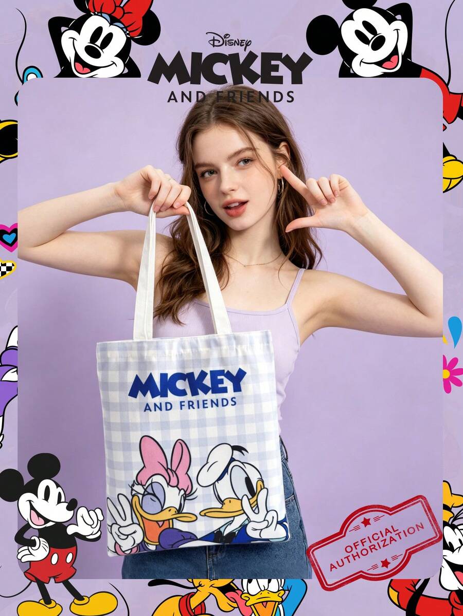 1 pieza Bolsa de lona con estampado oficial de Disney Pato Donald/Pato Daisy, bolso de mano de dibujos animados lindo para niñas, bolsa tote de gran capacidad, bolsa de compras plegable, bolso de hombro ligero, adecuado para estudiantes/estudiantes universitarios/adolescentes/jóvenes, adecuado para uso diario/salidas/compras/desplazamientos - Azul - Ver 1