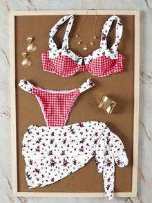 Bộ bikini 3 món họa tiết caro đỏ hoa mùa hè mới, đồ bơi tôn dáng cho kỳ nghỉ bãi biển, bộ đồ bơi thường ngày cho tiệc bãi biển - Nhiều màu - Xem 2