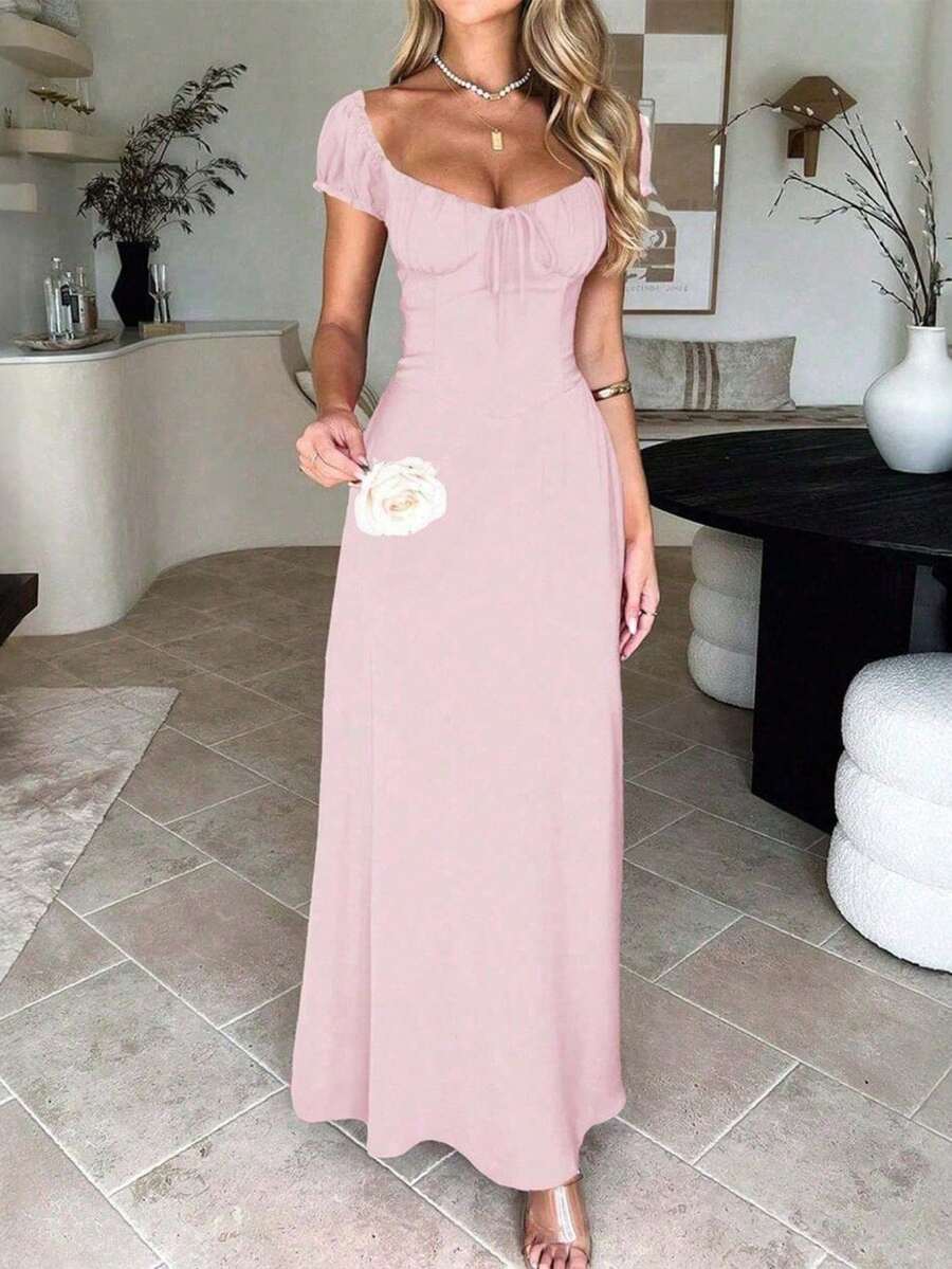 Women's Elegant Square Neck Maxi Dress, Puff Short Sleeve Tie Front A-Line Long Dress, High Waist Corset Detail Flowy Swing Dress, Casual Chic Evening Party Cocktail Dress, Summer Vacation - 淺粉色 - 查看 1