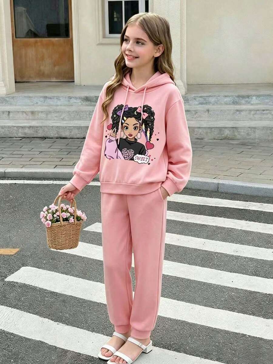青少年女孩休闲卡通印花连帽衫和运动裤套装 - 粉色 - 查看 1