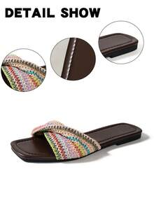 Women's Colorful Striped Woven Raffia Design Square Toe Flat Sandals, Casual Summer Outdoor Slides - Red - View 3