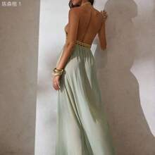 jianchaimaoyi02  Vestido elegante y sexy con escote en V profundo, hecho de ganchillo y parches de malla, para mujer. Ideal para vacaciones, atuendo de playa y vestidos de - Caqui - Ver 3