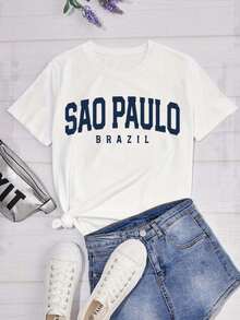 1 Piece Of Sports T-Shirt With Letter Print Of Sao Paulo, Brazil, Short Sleeve, Round Neck, Casual Top For Summer And Spring, Women's Clothing, 180g, 100% Cotton. - 白色 - 查看 1