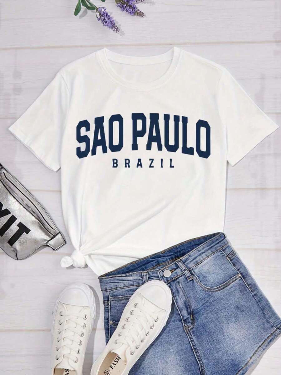 1 Piece Of Sports T-Shirt With Letter Print Of Sao Paulo, Brazil, Short Sleeve, Round Neck, Casual Top For Summer And Spring, Women's Clothing, 180g, 100% Cotton. - 白色 - 查看 1