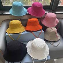 1pc Women's Solid Color Dopamine Fashion Casual Hat With Rope, Frayed Edge Distressed Bucket Hat, Spring Summer Autumn Outdoor Korean Style Couple Student Minimalist UV Protection Sun Hat - Multicolor - View 1