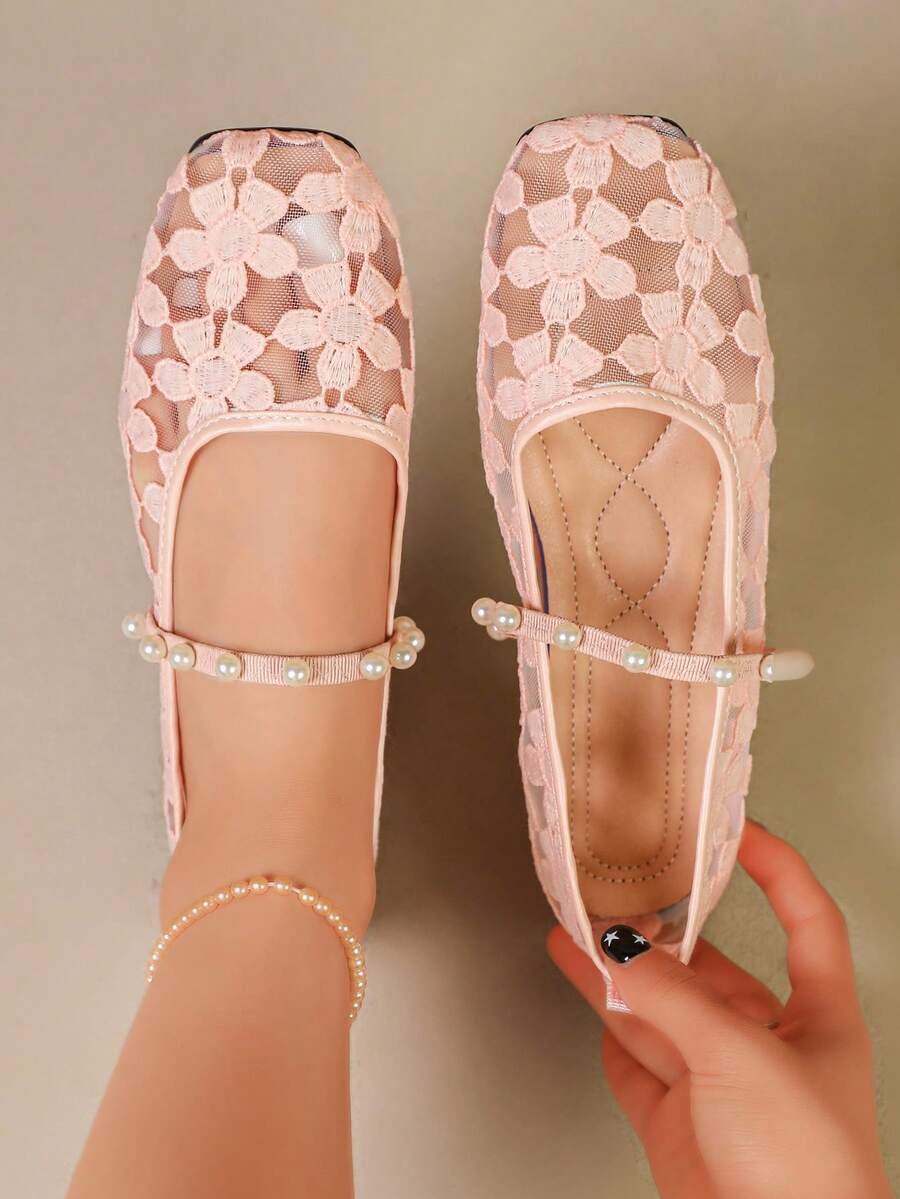 Nuevos zapatos planos Mary Jane para mujer con punta cuadrada, perlas, bordado, malla, encaje y flores, unicolor, moda elegante, bohemio, casual, para vacaciones y fiestas de verano - Rosa - Ver 1