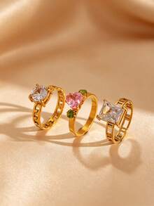 3pcs/1pc Fashionable Rhinestone Inlaid Hollow Ring Set, Elegant Versatile Non-Fading Stainless Steel Jewelry, Daily Party Versatile Accessories, Suitable For Daily Wear, Holiday, Anniversary Gift For Friends - Gold - View 1