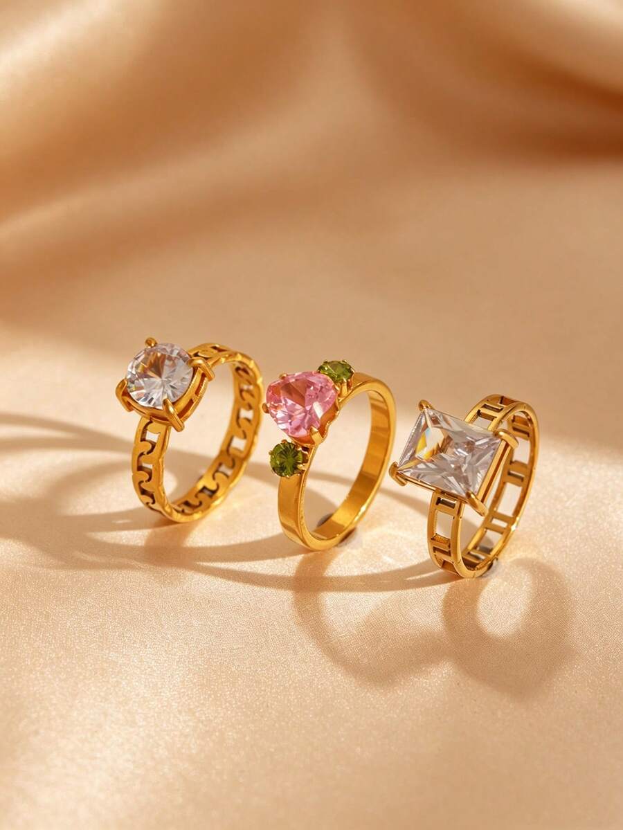 3pcs/1pc Fashionable Rhinestone Inlaid Hollow Ring Set, Elegant Versatile Non-Fading Stainless Steel Jewelry, Daily Party Versatile Accessories, Suitable For Daily Wear, Holiday, Anniversary Gift For Friends - Gold - View 1