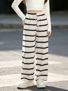 Tween GirlsSummer Casual Black & White Striped Straight Leg Pants - White - View 5