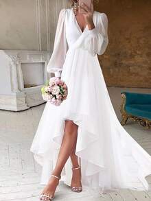 Women's Long Dress With V-Neck, Plain Long Sleeves, Fitted Waist, Elegant European-American Style, Ideal For Parties Or Everyday Wear, New Fashion. - 白色 - 查看 8