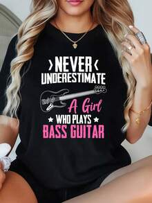 1 Camiseta Divertida para Amantes del Bajo, Talla Grande para Mujer, con Estampado Gráfico, Manga Corta, 220g, 100% Poliéster, Estilo Casual con Cuello Redondo - Negro - Ver 1