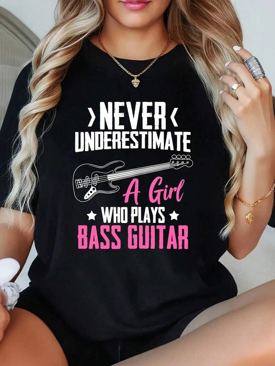 1 Camiseta Divertida para Amantes del Bajo, Talla Grande para Mujer, con Estampado Gráfico, Manga Corta, 220g, 100% Poliéster, Estilo Casual con Cuello Redondo - Negro - Ver 1