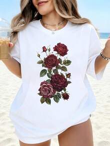 Camiseta Oversize con Estampado Floral de Rosas Blancas para Mujer, Estilo Casual de Verano para Playa, Top Holgado con Diseño Gráfico, Vestido de Moda para Mujer - Blanco - Ver 1