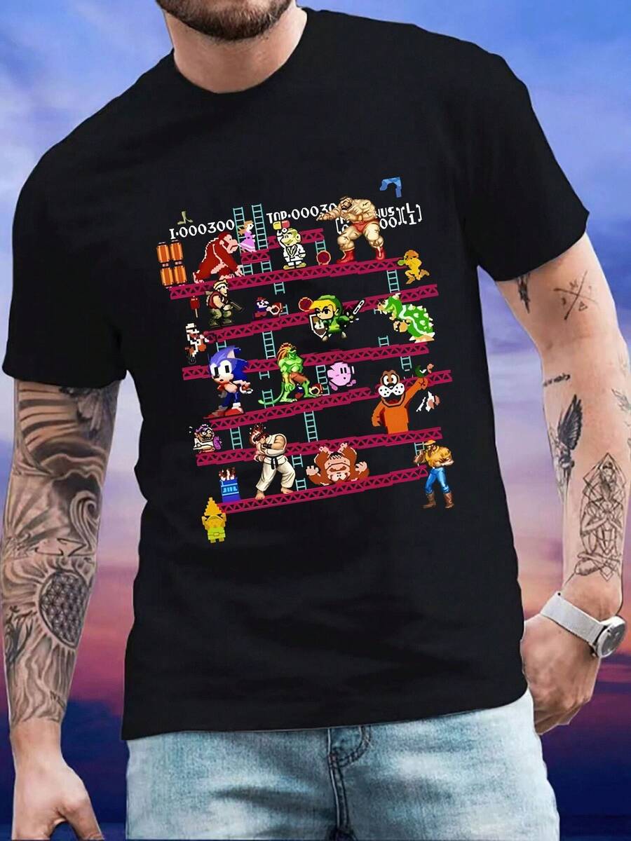 Camiseta de hombre con diseño de personajes de videojuegos clásicos,estilo casual y moderno,perfecta para gamers. - Negro - Ver 1