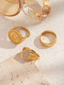 3Pcs/Set 18K Gold Plated Stackable Rings, Heart Medallion & Pave CZ Stainless Steel Chunky Statement Rings For Women - Yellow Gold - View 3