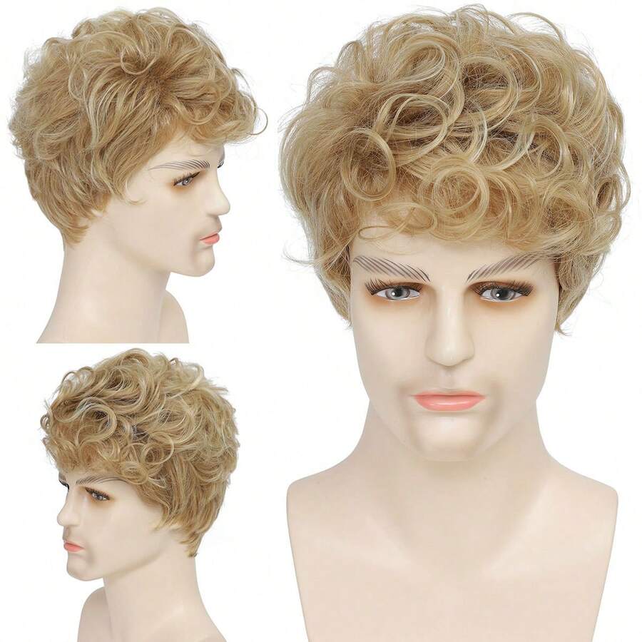 European American Men's Short Curly Wig,Neat Full Hair Cover,Bouncy Layered Curls, Lightweight Comfortable Wear,Easy Styling Hair Accessory,Daily Wear,Event Attire,US Holiday Celebrations, Lovely Mom Wigs Cosplay Wigs Halloween Costume Wigs - YN398(25g130g) - View 1