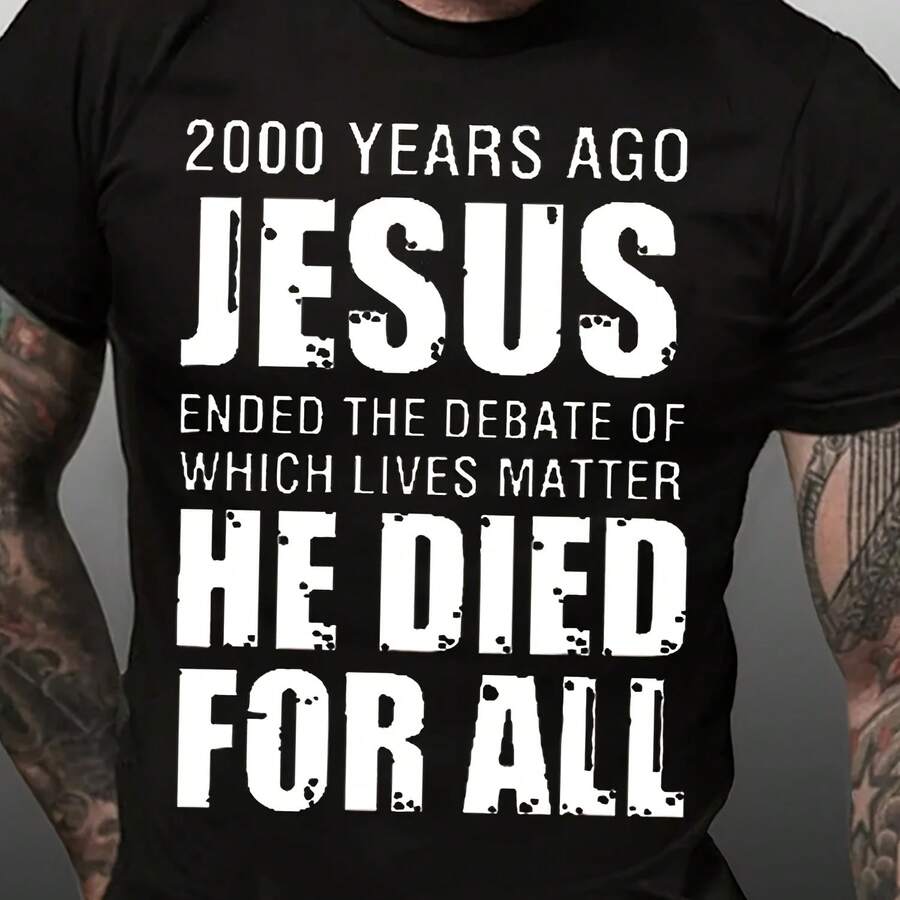 Graphic Slogan Print T-Shirts, Jesus Short Sleeve T-Shirts For Men - 彩色 - 查看 1