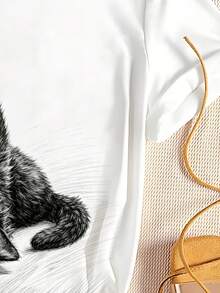 New Women's Clothing And A, Hand-Painted Black Cat Heart Print T-Shirt, Love Short Sleeve Casual Top, Plus Size Women's Clothing, New Release, Loose Fit - 黑色 - 查看 2
