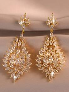 1 Pair Luxury Shiny Marquise Cubic Zirconia Pendant Earrings, Gold Leaf Shape Dangle Earrings, Elegant Bridal Wedding Party Women's - Yellow Gold - View 9