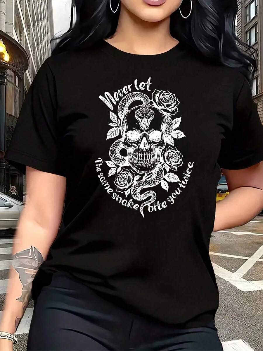 No Dejes Que La Misma Serpiente Te Muerda Dos Veces, Camiseta Divertida de Talla Grande para Mujer, Camiseta Gráfica de Manga Corta, 100% Algodón, Cuello Redondo Casual, 220g - Negro - Ver 1