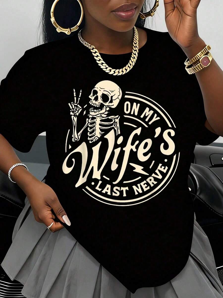 Camiseta Blanca con Gráfico de Esqueleto 'En el Último Nervio de Mi Esposa' para Mujer, Camiseta Divertida con Humor, Estilo Casual Urbano, Top de Verano, Idea de Regalo - Negro - Ver 1