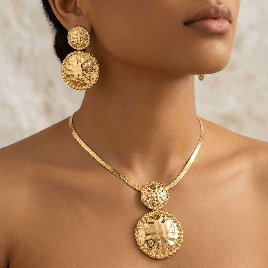 3pcs/Set Geometric Round Necklace & Asymmetrical Convex Earrings Jewelry Set, Elegant & Fashionable - Gold - View 1