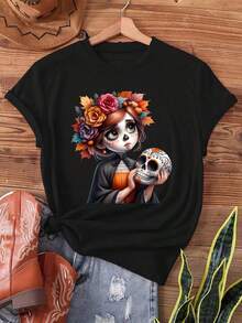 1 pieza de Mujer Playera de manga corta 100% algodón puro, cuello redondo casual con estampado, manga corta transpirable para uso diario, dise?o floral de esqueleto Y-Frame - Negro - Ver 1