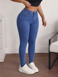 Women's Skinny Jeans With A Figure-Enhancing Design - 中藍 - 查看 3
