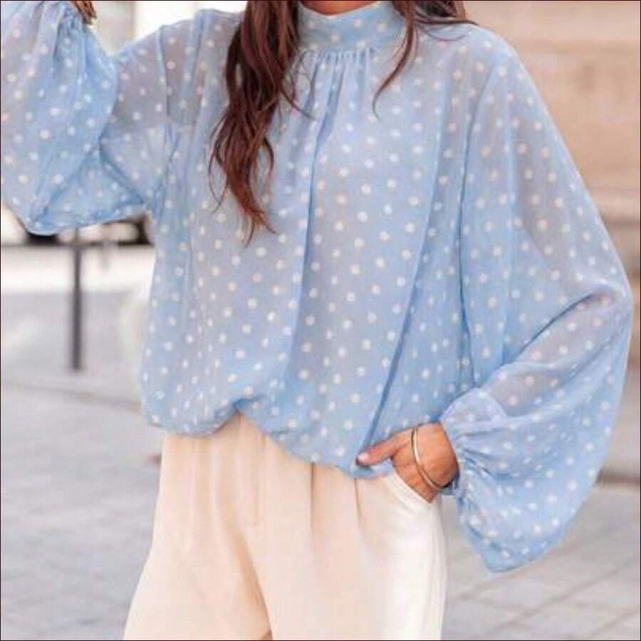 DZD Nueva camisa elegante y de moda para mujer con estampado de lunares, camisa casual/de vacaciones con estampado de bloques de color en todo el Body, camisa de manga larga con estampado - azul claro - Ver 1