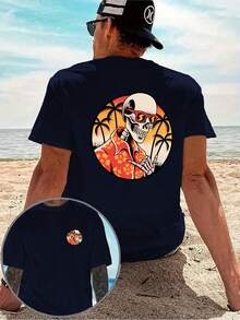 Una camiseta casual para hombre con un diseño creativo, que presenta un estampado de calaveras hawaianas en ambos lados, estilo retro americano, audaz y único, de corte holgado, con estampad - Negro - Ver 10