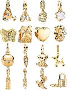 1Pc Contas de Encanto Douradas Cintilantes em Forma de Cachorrinho, Coração, Moinho de Vento, Adequadas para Pulseira e Colar, Contas para DIY em Prata 925, Joalharia para Mulheres, Presente de Joalharia para Rapariga - Ouro - Ver 1