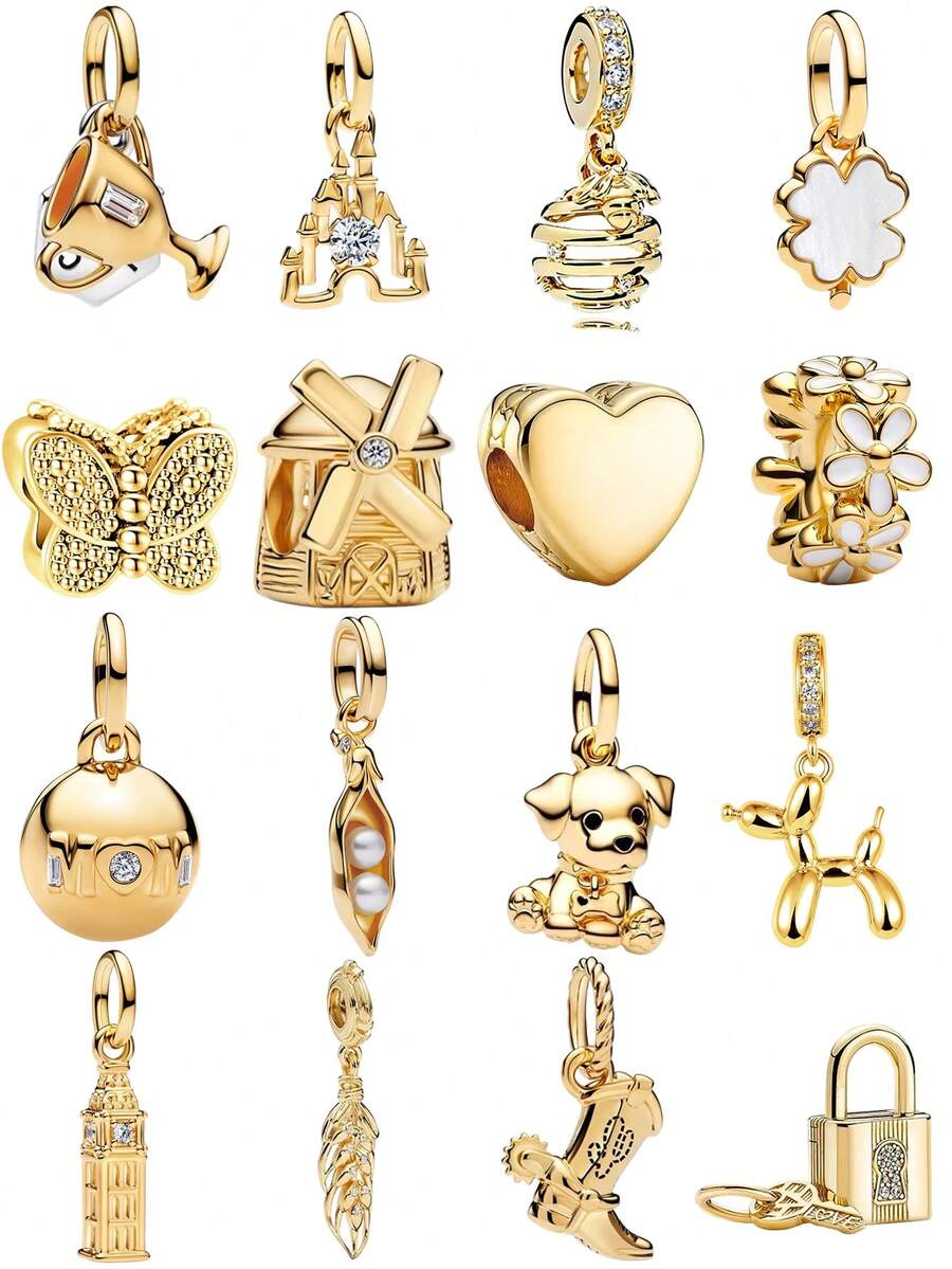 1Pc Contas de Encanto Douradas Cintilantes em Forma de Cachorrinho, Coração, Moinho de Vento, Adequadas para Pulseira e Colar, Contas para DIY em Prata 925, Joalharia para Mulheres, Presente de Joalharia para Rapariga - Ouro - Ver 1