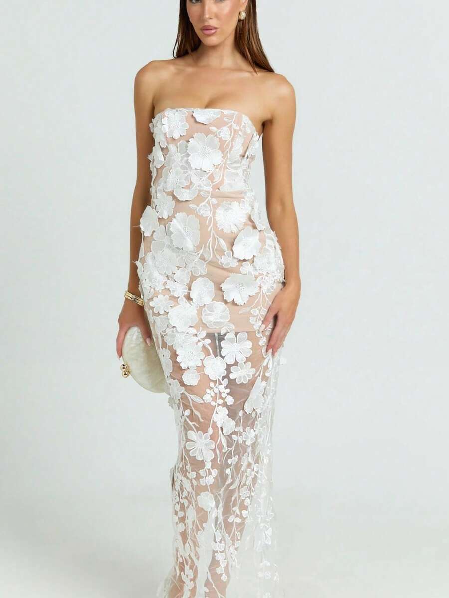 Women's Strapless Dress With Three-Dimensional Flowers, French Style, Luxurious, Lightweight, Elegant, Ideal For Parties, Ladies, Summer, Casual Fashion, New Collection - 白色 - 查看 1