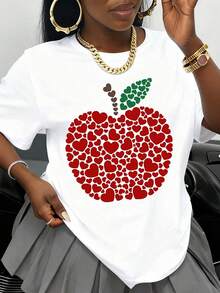 Women's Apple Heart Print T-Shirt, Casual Summer Top, Valentine's Day Gift, White Cotton T-Shirt With Red Hearts And Green Leaves Design - 白色 - 查看 1