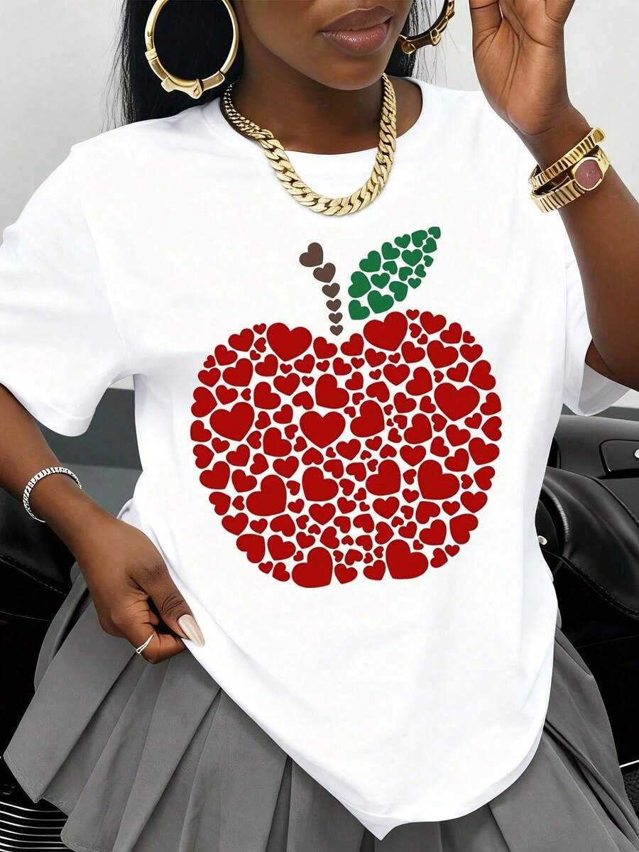 Women's Apple Heart Print T-Shirt, Casual Summer Top, Valentine's Day Gift, White Cotton T-Shirt With Red Hearts And Green Leaves Design - 白色 - 查看 1