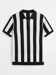 GRDR Men's Spring/Summer Turn-Down Collar Short Sleeve Half-Zip Black & White Wide Stripe Hollow Knit Polo Shirt - Fashionable Versatile Daily Wear - Black - View 6