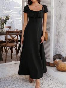 Women's Elegant Square Neck Maxi Dress, Puff Short Sleeve Tie Front A-Line Long Dress, High Waist Corset Detail Flowy Swing Dress, Casual Chic Evening Party Cocktail Dress, Summer Vacation - 黑色 - 查看 6