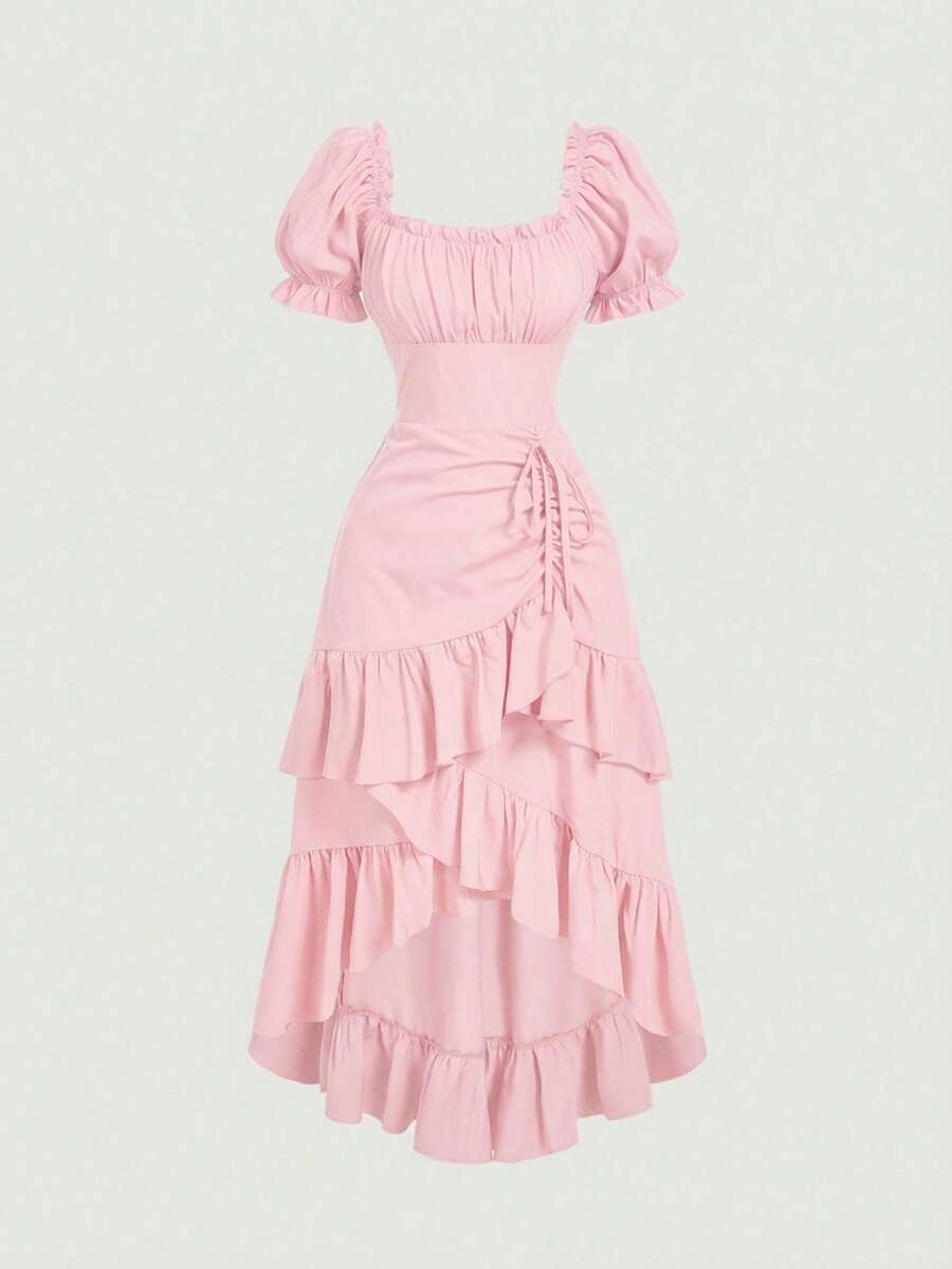 xheSHEIN MOD Vestido rojo con manga abullonada, lazo, cordón y bajo con aberturaxhe - Rosa Pálido - Ver 1
