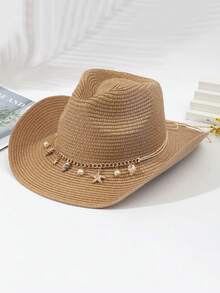 1pc Unisex Fashionable Straw Hat, Suitable For Outdoor Beach Sun Protection, Spring/Summer British Cowboy Hat, Wide Brim Design, Decorated With Starfish, Foldable Pancho Hat, Suitable For Daily Use Outdoor Gift. - Gold Chain Beach Straw Hat - View 4