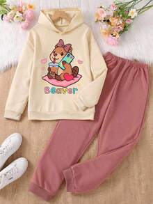 Set Hoodie dan Celana Olahraga Motif Kartun untuk Remaja Perempuan - Aprikot - View 1