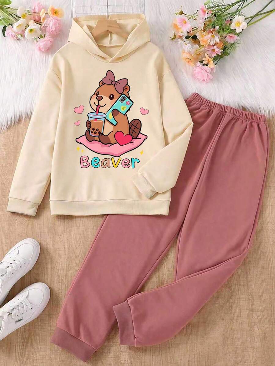Set Hoodie dan Celana Olahraga Motif Kartun untuk Remaja Perempuan - Aprikot - View 1
