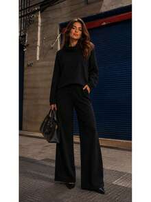 Women's Set In Elegant And Comfortable Ribbed Knit Fabric, Winter Fashion, Chic Blogger Style - Negro - Ver 8