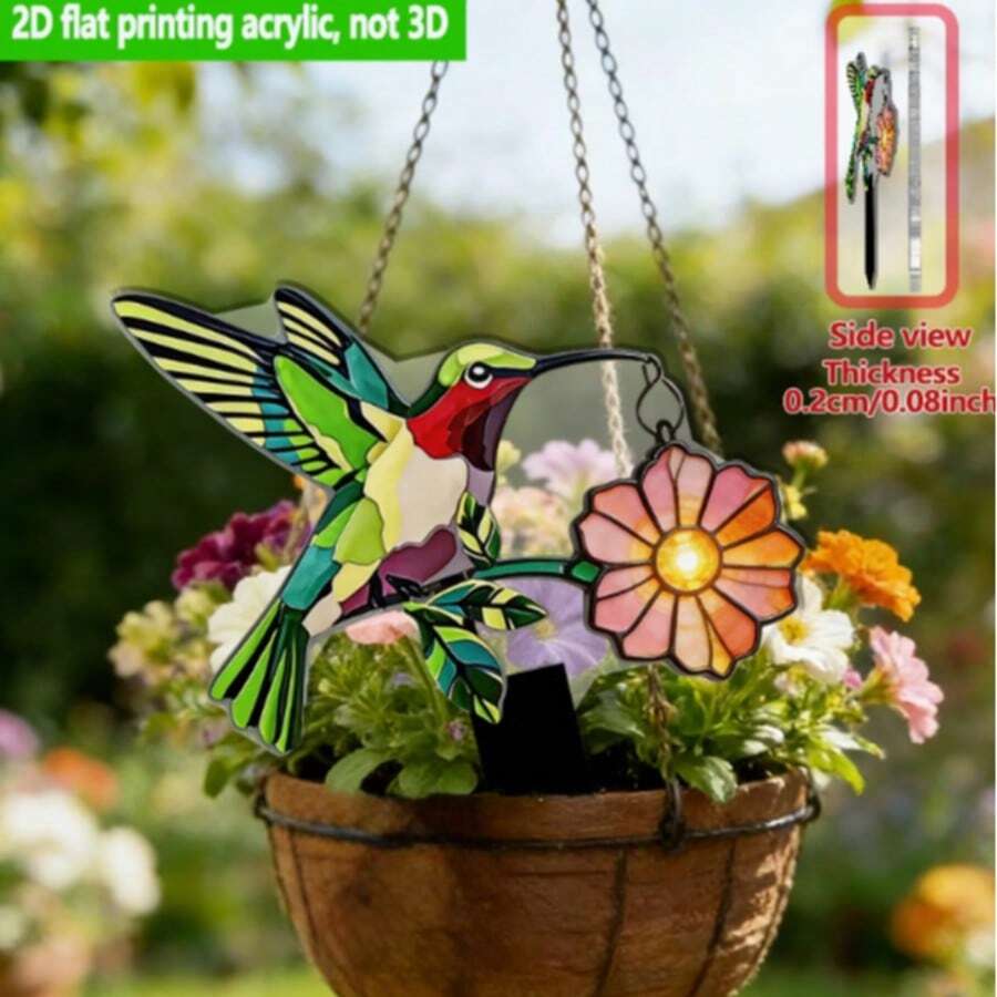 Estaca de colibrí floral de acrílico plano 2D con base, fácil de instalar, decoración de jardín y hogar para primavera/verano