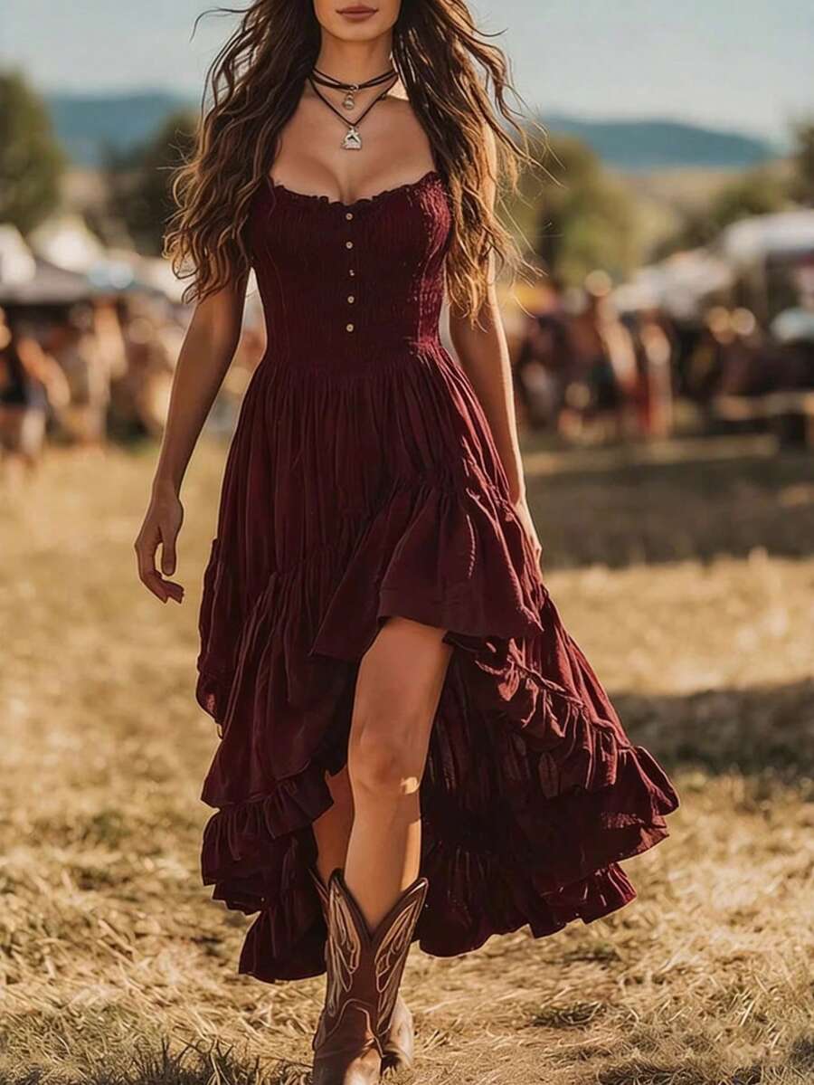 Vintage Strapless Dress With Ruched Bust, Fitted Waist, Elegant European Style, Spring/Summer Fashion For Women - 酒紅色 - 查看 1