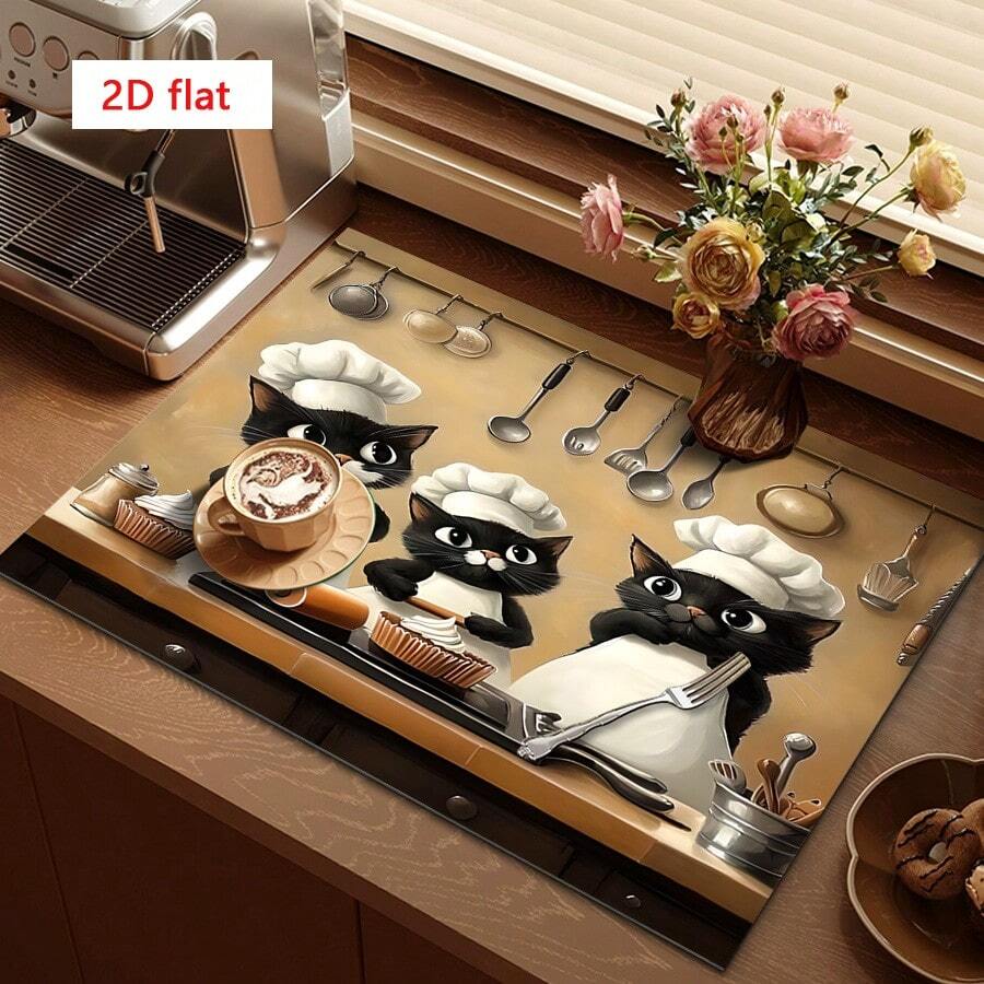 1pc Dish Drying Mat, Coffee Machine Mat, 3 Baking Chef Black Cat Pattern Drip Mat, Durable, Highly Absorbent, Suitable For Dining Table, Cafe And Other Scenes, Adds Fun To Dining Space, Multipurpose Drainage Mat, Home Gift, Tabletop Decor