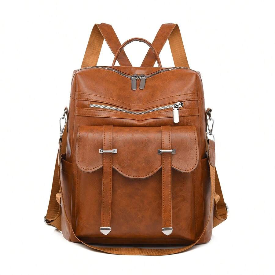 LECEY Brown Large Capacity PU Leather Backpack For Women - Brown - View 1