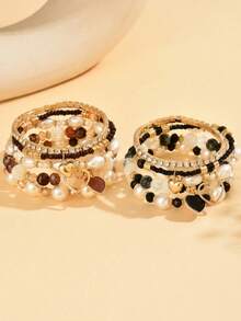 5pcs Elegant Vintage Fashion ABS Faux Pearl Oil Drop Heart Pendant Rhinestone Faux Crystal Beaded Bracelet Set For Women, Suitable For Daily Commute, Party, Beach Vacation Wear - Heart-shaped Pearl Bracelet Set - View 6